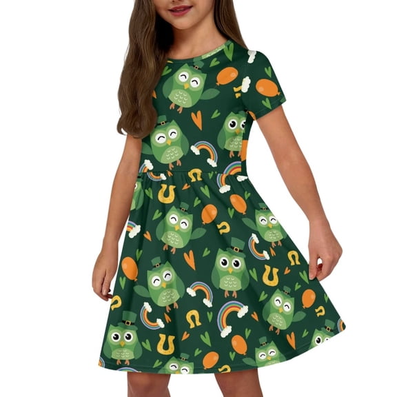 Uourmeti Owl Short Sleeve Swing Dresses for Girls St. Patrick's Day Crew Neck Midi Dress Summer Soft A-line Dresses Beach Dress with Pockets Size 12-14