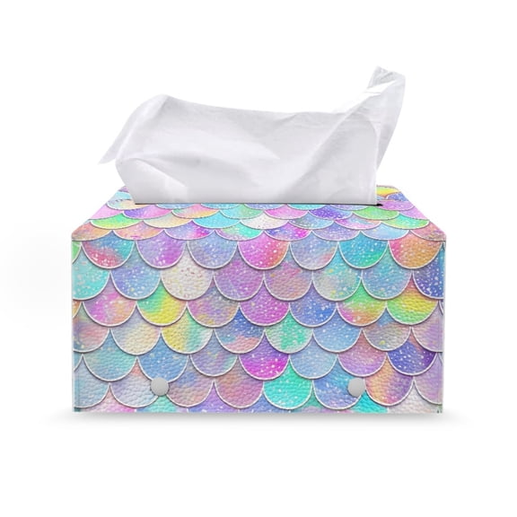 Uourmeti PU Leather Rectangular Cuboid Tissue Box Cover, Home Decor Waterproof Rectangle Tissue Box Cover for Bathroom Kitchen, Iridescent Mermaid Scales