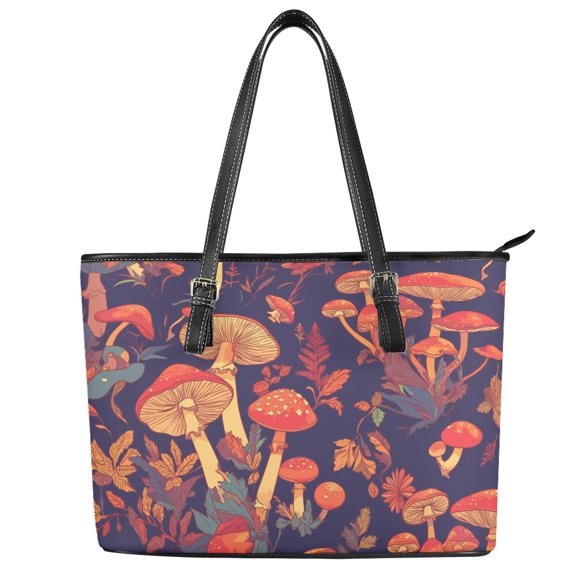 Uourmeti PU Leather Saddle Handbag with Waterproof with Zippered Tote Bag for Shopping, Forest with Mushrooms Slightly Curved Bag