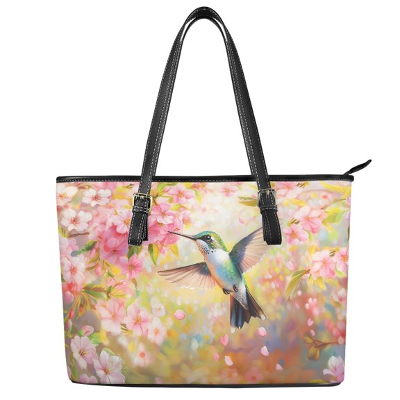 Uourmeti PU Leather Tote Purse with Large Capacity Lightweight Curved Bag for Shopping, Hummingbird Flowers Saddle Handbag
