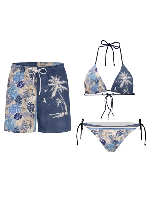 Palm Leaf Patchwork Couples Matching Swimsuits Men's Swim Trunks Breathable Beach Shorts Fashion Boho Mens Swim Trunks Couples Swimwears Matching His and Hers for Honeymoon