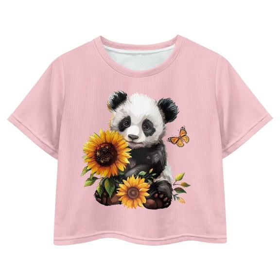 Uourmeti Panda Girls Round Neck T-Shirt Cute Soft Crop Top Sunflower Casual Short Sports Pullover Kids Summer Short Sleeve