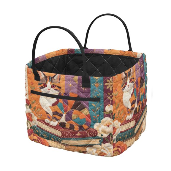 Uourmeti Patchwork Cat Book Print Polyester Quilted Storage Basket with Large Capacity for Home, Washable Storage Basket for Books
