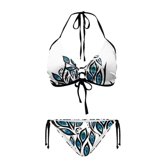 Uourmeti Peacock Feather Print Halter Tie Back Bikini Set - Sexy Two-Piece Triangle Swimsuit, Quick Dry & Stretch for Beach Vacation Pool Party
