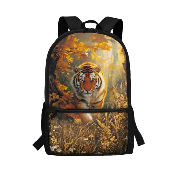 Uourmeti Personalized 17 Inch Backpack for Outdoor Travel, Smooth Zipper Practical Large Capacity School Backpack, Tiger Autumn Leaves Print
