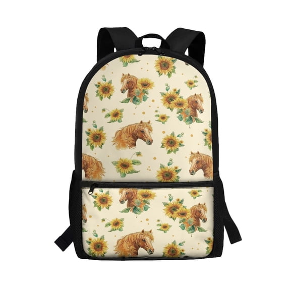 Uourmeti Personalized School Backpack for Outdoor Travel, 17 Inch Adjustable Padded Straps Student Bookbag, Watercolor Sunflower & Horse Pattern