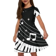 Uourmeti Piano Key Notes Dresses for Girls 2-14Y Summer Soft Short Sleeve Swing Dress Lightweight Loose Crew Neck Knee Length A-Line Dresses with Pockets