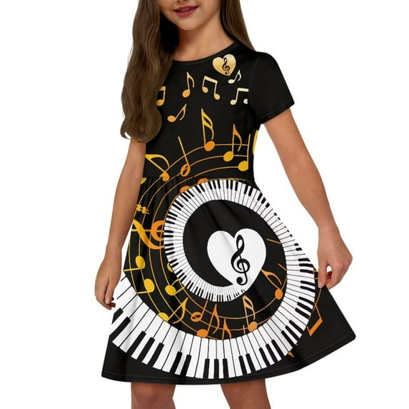 Uourmeti Piano Key Notes Short Sleeve Swing Dress for Toddler Girls Summer Soft Crew Neck Midi Dress Casual Loose Beach Dresses with Pockets