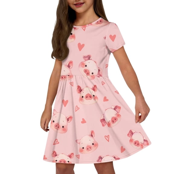 Uourmeti Pigs Short Sleeve Swing Dresses for Girls Summer Cute Party Dress Lightweight Casual Crew Neck Midi Sundress with Pockets
