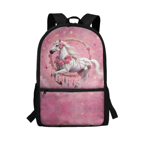 Uourmeti Pink Floral Horse Dreamcatcher Side Pockets Backpack for Travel Daily Use, Durable School Backpack Large Capacity Student Bookbag