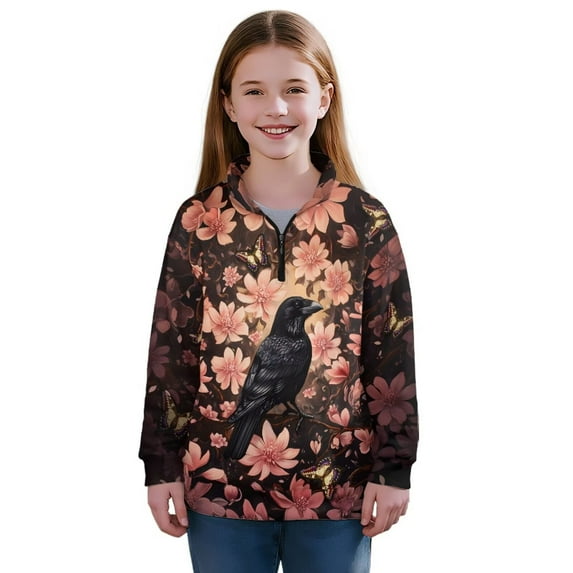 Uourmeti Pink Flower Crow Girls Party Sweatshirt Half Zip Pullover Trendy Top for Birthday Vacation Celebration Fun Event with Friends Size 13-14