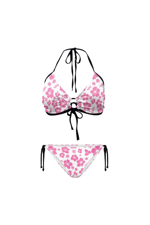 Pink Hibiscus Floral Print Bikini Set - Tie Side Halter Two-Piece Swimsuit, Summer Beach Vacation Essential for Women