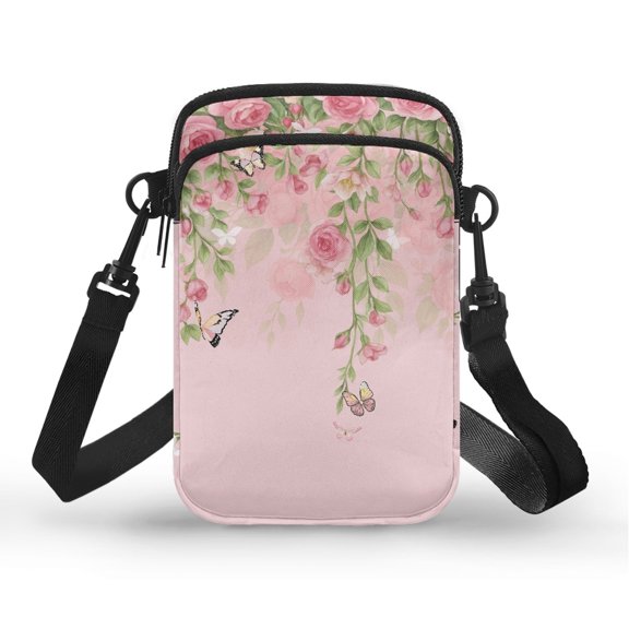 Uourmeti Pink Rose Butterfly Cell Phone Purse, with Zipper Crossbody Bag Two Layer Mini Pouch for Hiking and Daily Travel