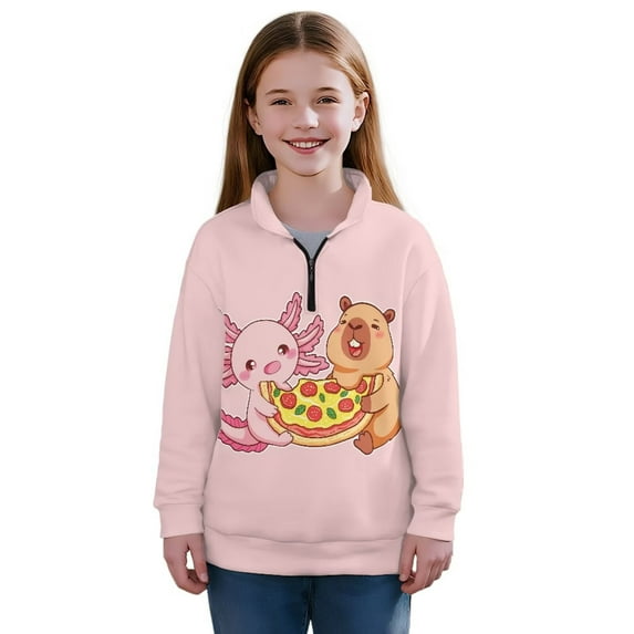 Uourmeti Pizza Capybara Axolotl Print Kids Half Zipper Sweatshirts Fall Winter Pullover Long Sleeve Lightweight Comfy Casual Loose Top for School Boys Girls Size 9-10