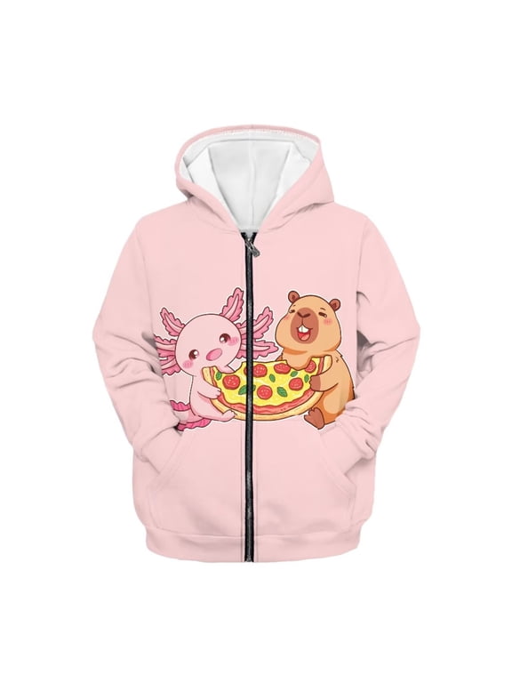 Pizza Capybara Axolotl Teens Lightweight Hooded Jacket Long Sleeve Comfy with Pockets Casual Loose Sweatshirt Girls Size 13-14