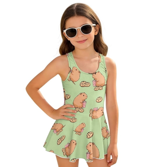 Uourmeti Playful Cartoon Capybara & Cookie Skirted One Piece Swimsuit - Soft Stretchy Quick Dry Swim Dress for Girls, Perfect for Beach & Pool