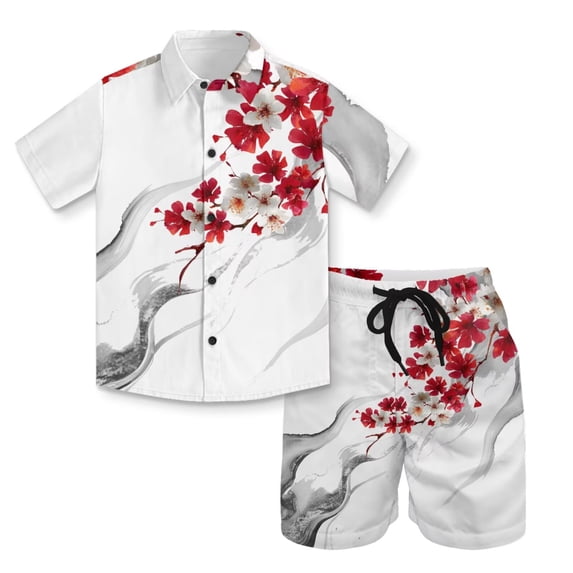 Uourmeti Plum Blossom Print Kids Button Down Aloha Shirt and Short Set 2 Piece Short Sleeve Hawaiian Outfit Little Kids Tropical Vacation Blouse Clothes for Size 10 Year