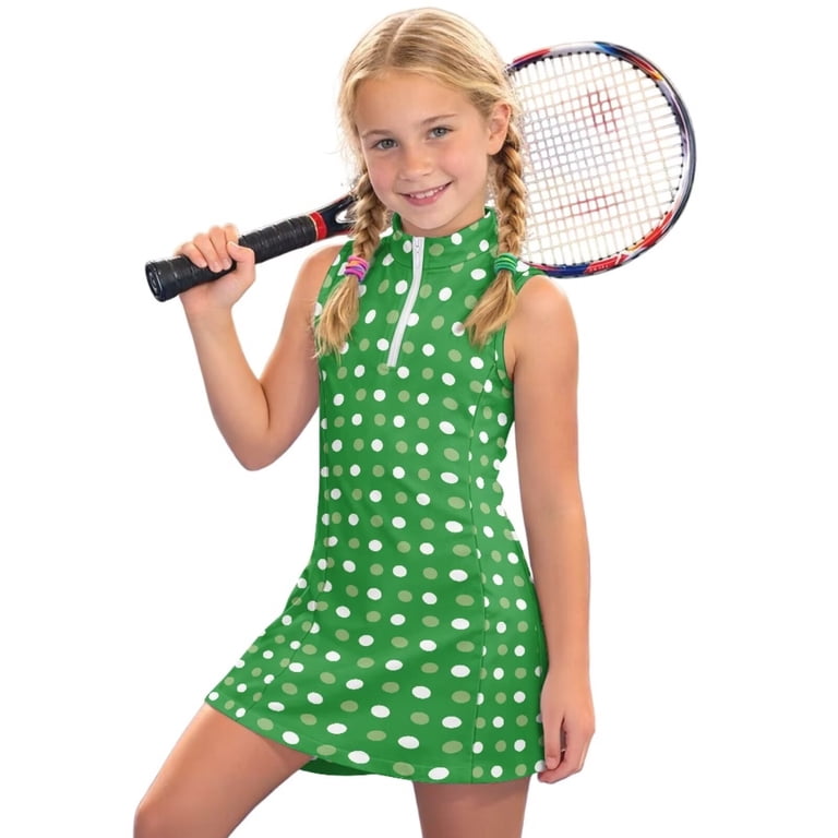 Uourmeti Polka Dot Green Sleeveless Kids Newspaper Tennis Dress for Girl Athletic Golf Pickleball Outfit Lightweight for Outdoor Sports, Picnic