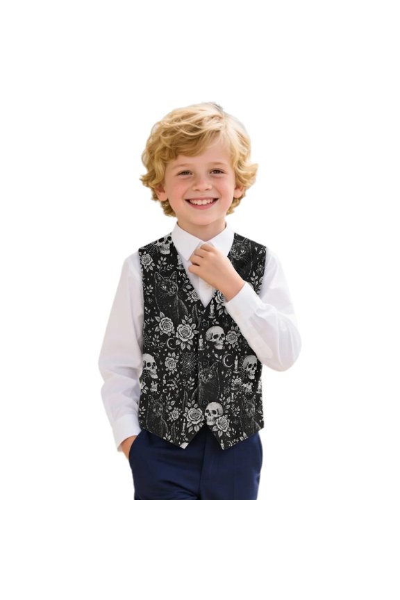 Polyester Children Waistcoat for Birthday Party Wedding, Not Easy to Fade Single Breasted Kids Formal Suit Vest Waistcoat, Gothic Skull Cat Pattern