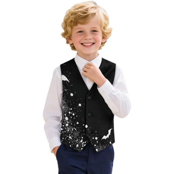 Uourmeti Polyester Fabric Boys Formal Waistcoat for Holiday Party, Button Up High Quality Kids Suit Vest, Bat Web Splatter Print