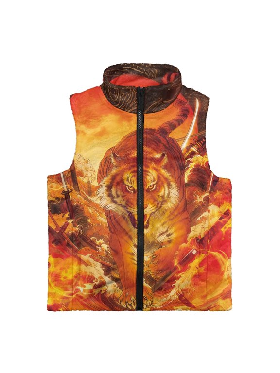 Polyester Lightweight Kid Outerwear Vest for Fall Winter, Warm Sleeveless Fleece Jacket, Fiery Samurai Tiger Graphic Print