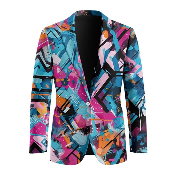 Uourmeti Polyester Men's Blazer Slim Fit One Button Suit Jacket for Formal Business and Groomsmen, Lightweight Casual Daily Blazer, Vibrant Graffiti Print