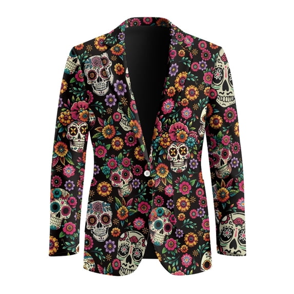 Uourmeti Polyester Men's Suit Jacket for Casual Business, Regular Fit Solid Single Button Suit Jacket, Skull Floral