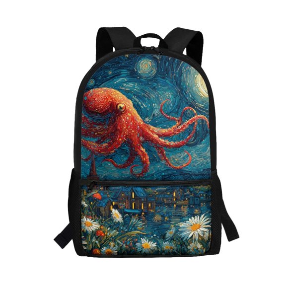 Uourmeti Polyester School Backpack Daypack with Starry Night Octopus Art - Large Capacity Bag for Student Daily Use and Travel