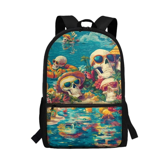 Uourmeti Polyester School Backpack Travel Daypack With Tropical Beach Skulls Design - Spacious for Student Daily Use and Short Trips