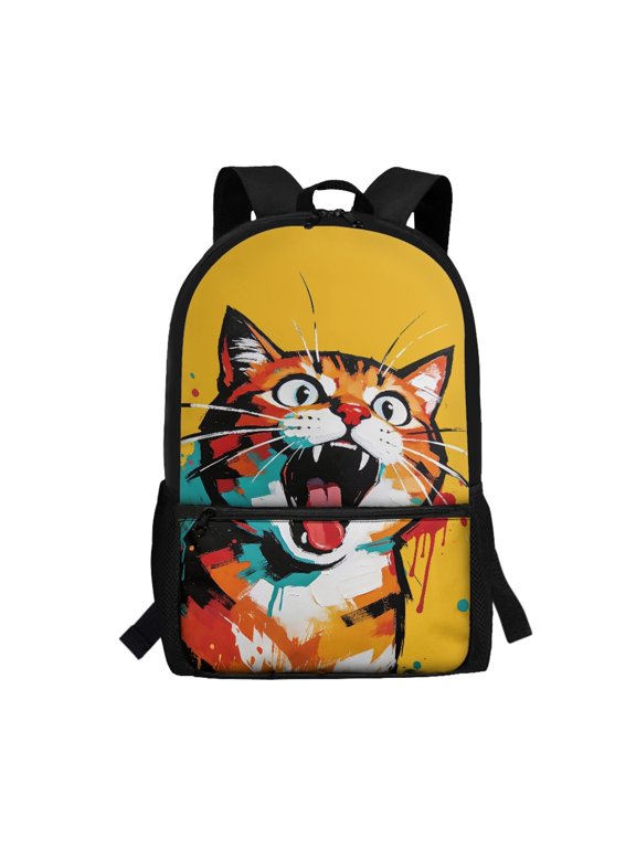 Pop Art Style Surprised Cat Print Large Capacity Backpack, 17 Inch Lightweight Daypack Adjustable Shoulder Straps School Backpack for Students