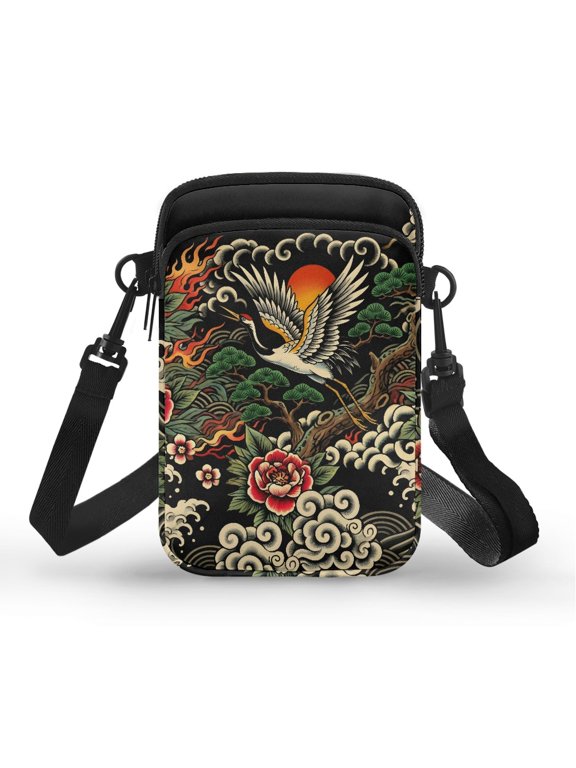 Portable Cell Phone Purse with Crane Floral Print, Lightweight Zippered Phone Purse for Travel and Hiking, Multi-Purpose Polyester Pouch for Women