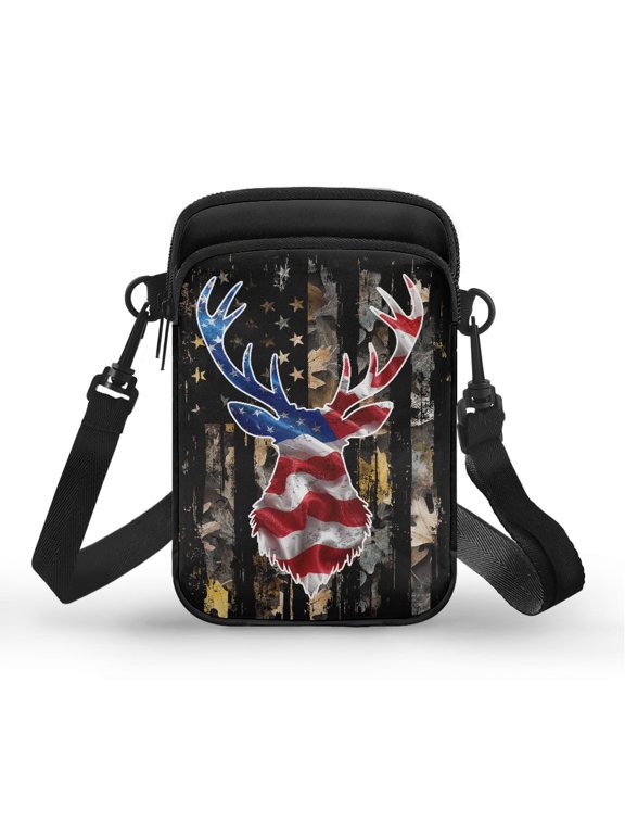 Portable Cell Phone Purse for Outdoor Daily Use, Polyester 2 Layer Crossbody Bag, Deer American Flag Print