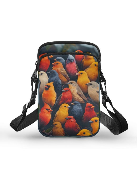 Portable Cell Phone Purse for Work Travel, Polyester 2 Layer Over Shoulder Bags, Colorful Wild Birds Print