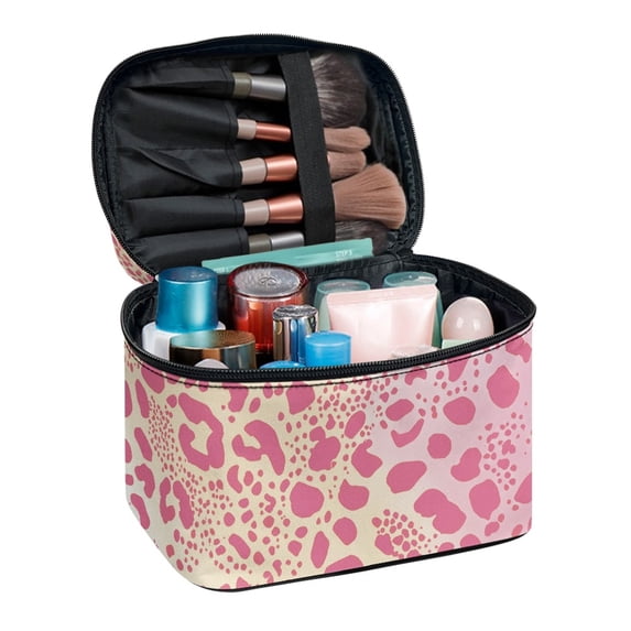 Uourmeti Portable Cosmetic Bag for Travel Home, Pink Leopard Polyester Durable Makeup Bag for Women