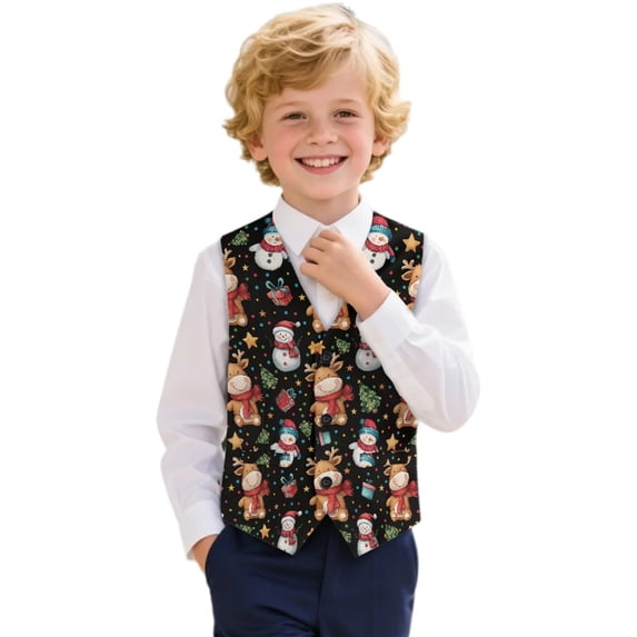 Uourmeti Premium Boys Suit Vest V Neck Comfort Polyester Formal Suit Vest, Christmas Tree and Snowman Pattern