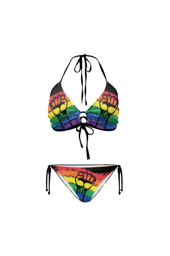 Pride Rainbow Fist Halter Triangle Bikini Set - Sexy Tie Side Two-Piece Swimsuit for Beach & Pool Vacation