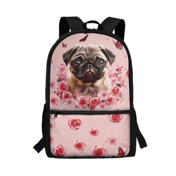 Uourmeti Pug Roses Stylish School Bag for Travel Outdoor, Personalized Large Capacity Daypack Spacious Storage Travel Backpack
