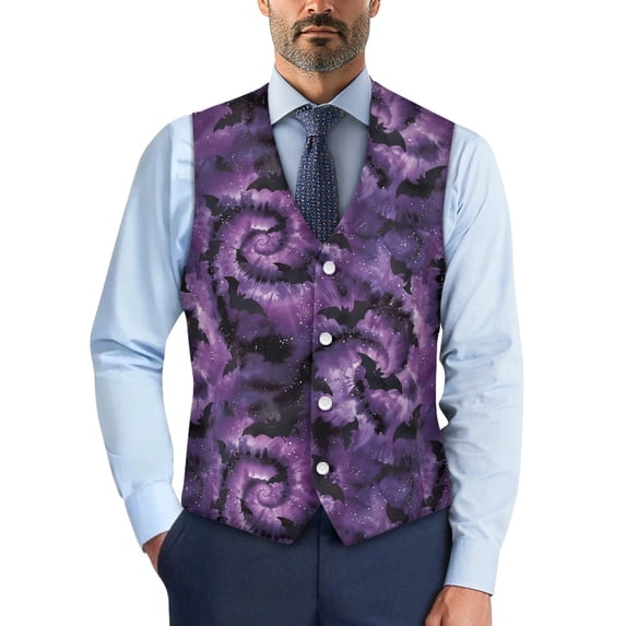 Uourmeti Purple Bat Swirl Dress Woven Fabric Button Slim Fit Mens Formal Waistcoat for Business Corporate