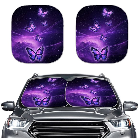 Uourmeti Purple Galaxy Butterflies Car Windshield Sun Shade Silver Plated Polyester Dabric Blocks UV Rays Easy to Install for Interior