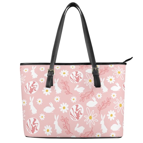 Uourmeti Rabbit and Daisy Pattern Zippered Tote Bag, Leather Saddle Handbag with Zippered Curved Handbag for Work Dating