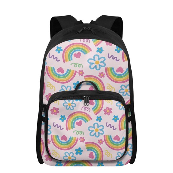 Uourmeti Rainbow Floral School Backpack for Girls Ages 8-10 with Lunch Box 2 in 1 17 Inch Casual Rucksack Dual Zipper Backapcks with Adjustable Strap Insulated Lunchbag