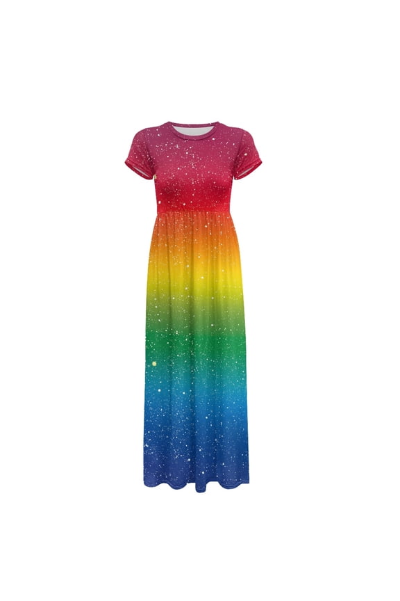 Rainbow Galaxy Ladies Short Sleeve Long Dress, Wrinkle Resistant Quick-Dry Women's Maxi Dress Stretch Women's Long Dress for Holiday Dinner