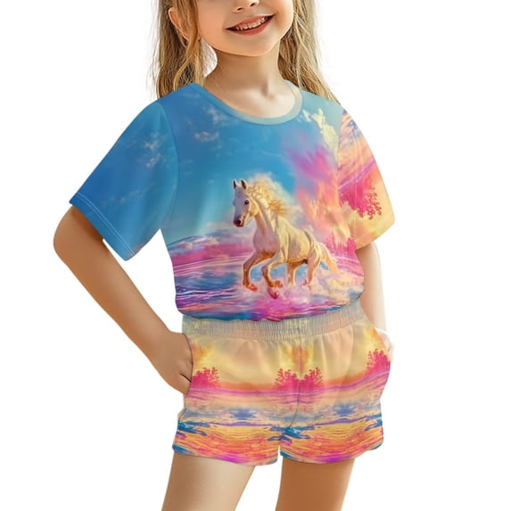 Uourmeti Rainbow Horse Outfits Sets for Girls Western Summer Short Sleeve Cap Tops 2 Piece and Elastic Waisted Shorts Set with Side Pockets Comfy Kids Clothing for Tennis Playwear