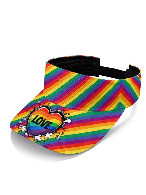 Rainbow Love Heart Print Sun Visor Hats for Women Men Sun Protection Quick Dry Hat Open Top Adjustable Lightweight Sports Unisex Visors for Outdoor Beach