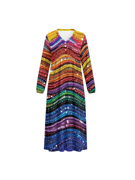 Rainbow Wavy Dots Elastane Polyester Blend Womens Long Sleeve Nightgowns with Soft, Cozy Long Length House Dress for Bedroom Indoor Pajama Party