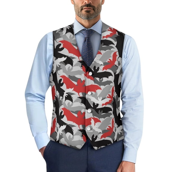 Uourmeti Red Gray Camo Dress Vest for Corporate Business, Slim Fit Dress Waistcoat Vests Lightweight Woven Fabric Tuxedo Vests