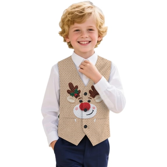 Uourmeti Reindeer Face Pattern Kids Waistcoat Polyester Anti Shrink Premium Boys Gentleman Formal Waistcoat for Holiday Party Family Party