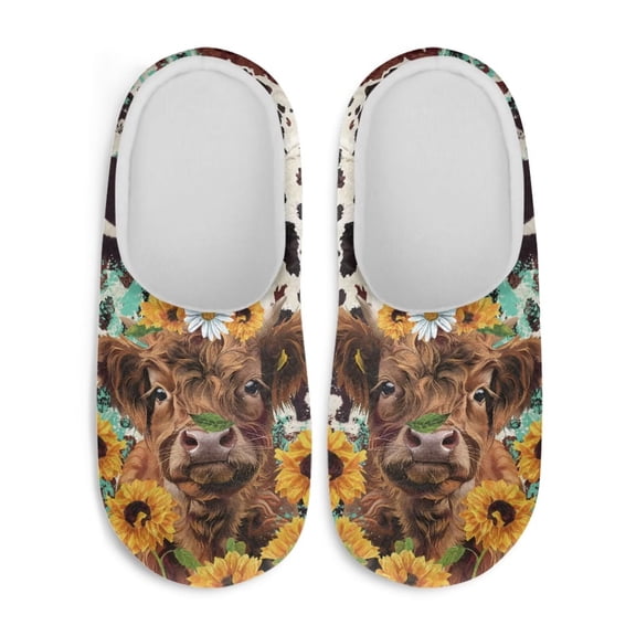 Uourmeti Retro Highland Cattle Sunflower Cotton Slippers Soft Plush Warm Cozy Comfy Washable Comfortable Cute Trendy Retro Casual Home Gifts Slippers