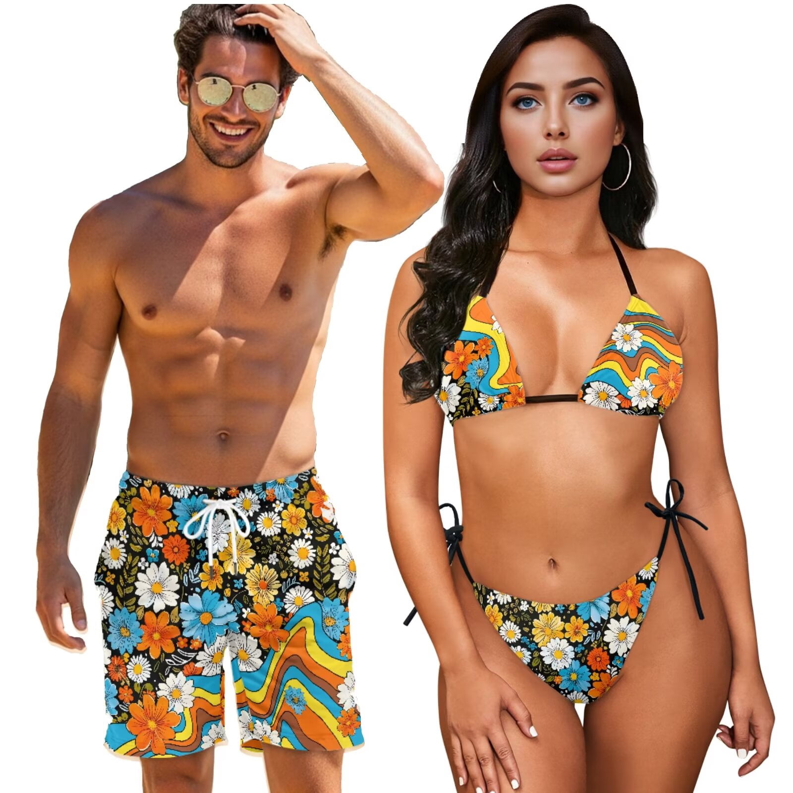 K様épine rétro flower bi-color swim wear Uourmeti Retro Rainbow Floral Print Matching Swimsuits for Couples