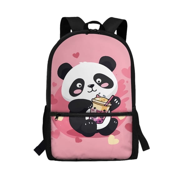 Uourmeti Rich Texture Backpack for Shopping Travel, 17 Inch Durable Fabric Daypack, Panda Bubble Tea